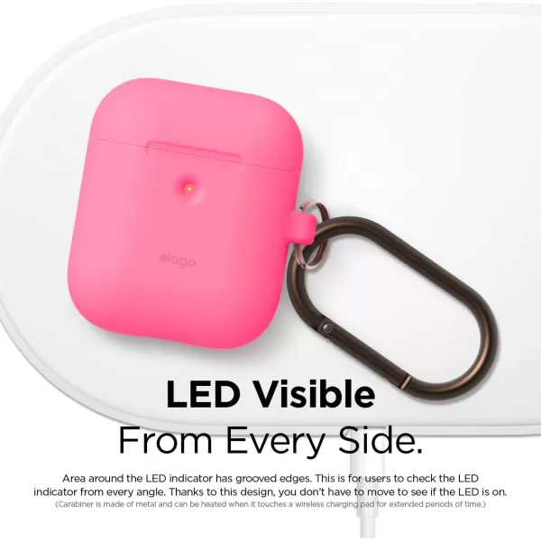 elago Silicone Case with Keychain Compatible with Apple AirPods 2 Wireless Charging Case Front LED Visible AntiSlip Coating Inside Premium Silicone Neon Hot PinkNeon Hot Pink