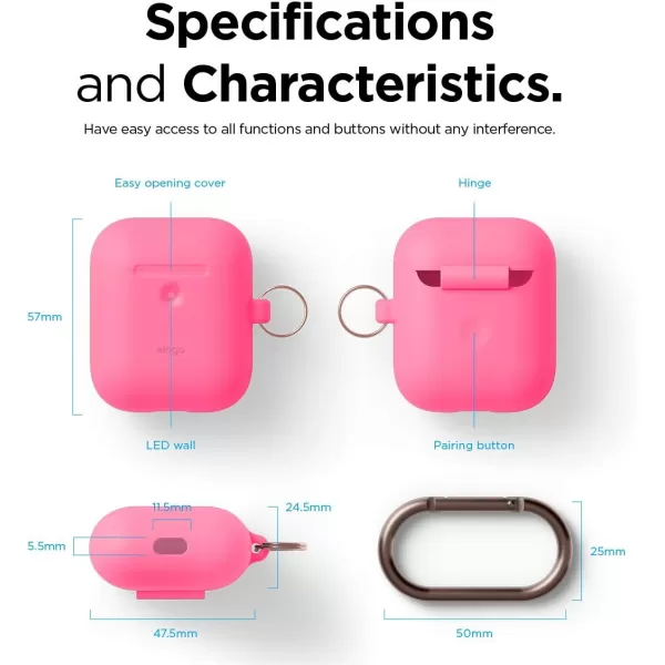 elago Silicone Case with Keychain Compatible with Apple AirPods 2 Wireless Charging Case Front LED Visible AntiSlip Coating Inside Premium Silicone Neon Hot PinkNeon Hot Pink