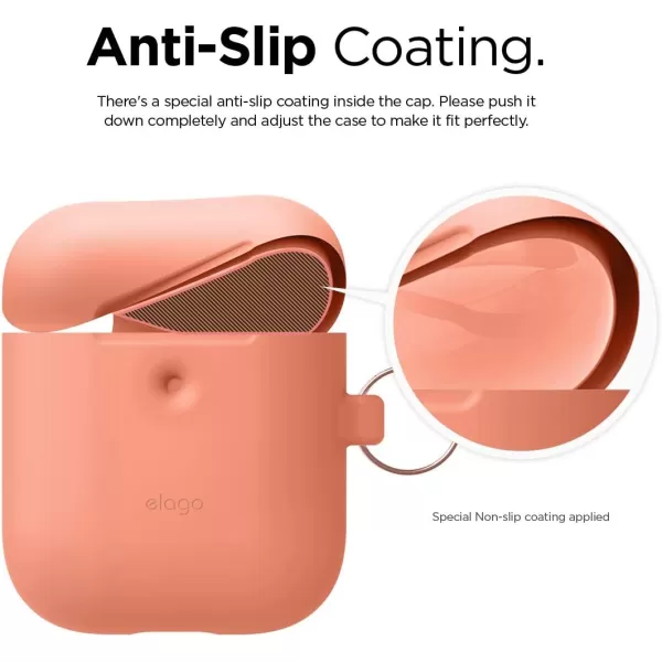 elago Silicone Case with Keychain Compatible with Apple AirPods 2 Wireless Charging Case Front LED Visible AntiSlip Coating Inside Premium Silicone Neon Hot PinkPeach