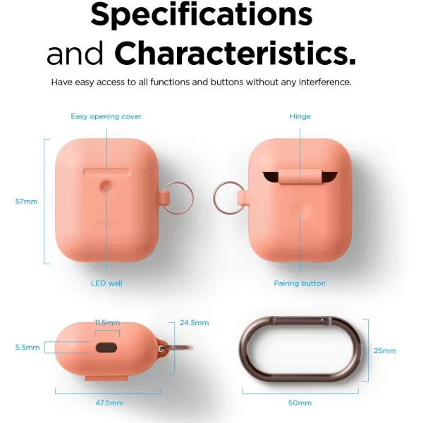 elago Silicone Case with Keychain Compatible with Apple AirPods 2 Wireless Charging Case Front LED Visible AntiSlip Coating Inside Premium Silicone Neon Hot PinkPeach