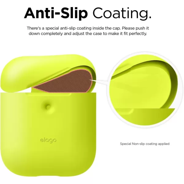 elago Silicone Protective Case Compatible with Apple AirPods 2 Wireless Charging Case Front LED Visible AntiSlip Coating Inside Patent Registered Neon YellowNeon Yellow