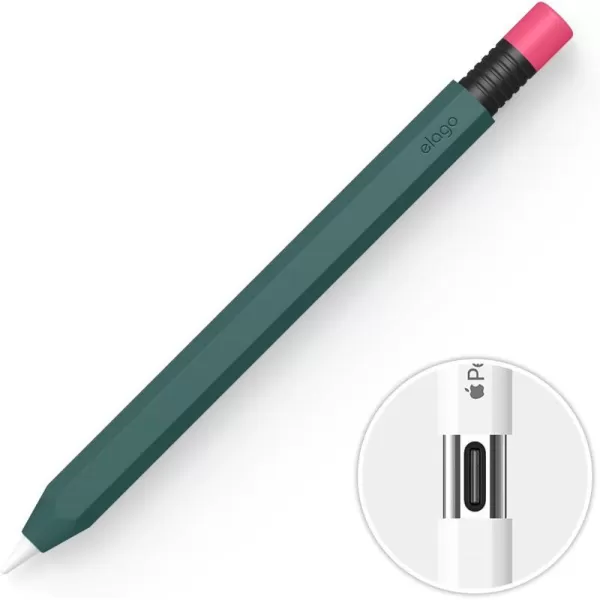 elago Classic Pencil Case Compatible with Apple Pencil USBC Perfect Grip Protective Skin Silicone Sleeve Supports Magnetic Attachment BlackMidnight Green