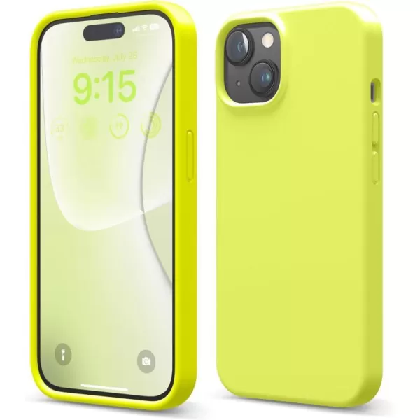 elago Compatible with iPhone 15 Case Liquid Silicone Case Full Body Protective Cover Shockproof Slim Phone Case AntiScratch Soft Microfiber Lining 61 inch Light BlueNeon Yellow