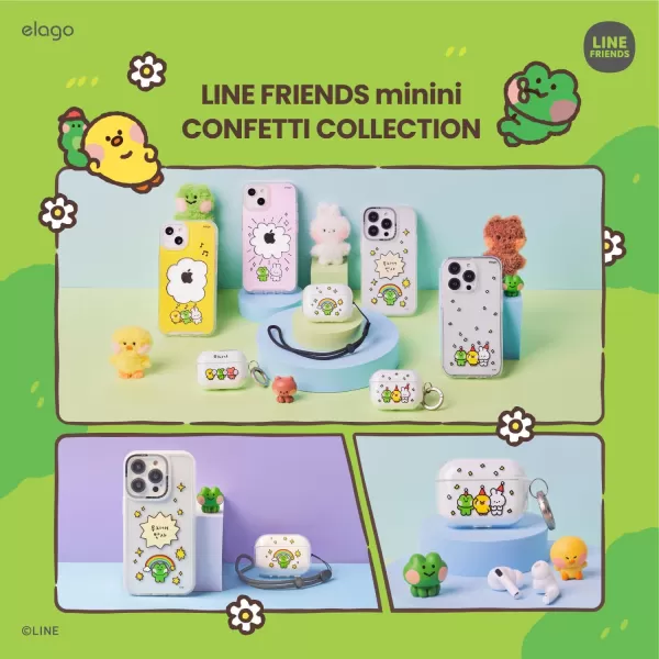 elago l LINE Friends minini Clear Case with Keychain Compatible with AirPods Pro Durable Full Body Protection Reduced Yellowing Reduced smudging Official Merchandise ConfettiConfetti