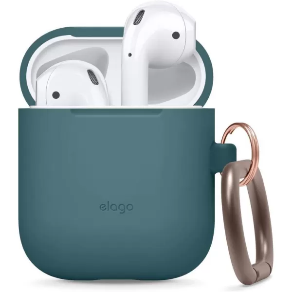 elago Silicone Case with Keychain Compatible with Apple AirPods Case 1 amp 2 Front LED Visible Supports Wireless Charging Protective Silicone Pastel GreenDark Turquoise