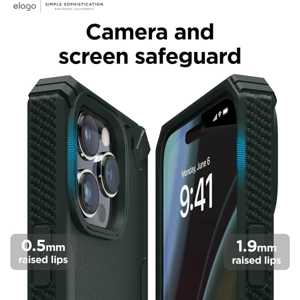 elago Armor Compatible with iPhone 14 Pro Case 61 Inch  US Military Grade Drop Protection HeavyDuty Protective Case Carbon Fiber Texture Tough Rugged Design Shockproof Bumper Cover BlackDark Green