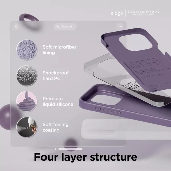 elago Compatible with iPhone 15 Pro Case Liquid Silicone Case Full Body Protective Cover Shockproof Slim Phone Case AntiScratch Soft Microfiber Lining 61 inch StoneDeep Lavender