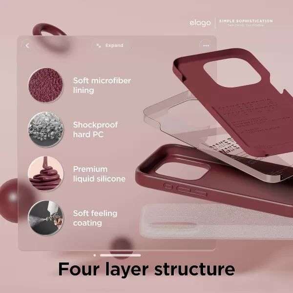 elago Compatible with iPhone 15 Pro Case Liquid Silicone Case Full Body Protective Cover Shockproof Slim Phone Case AntiScratch Soft Microfiber Lining 61 inch StoneBurgundy