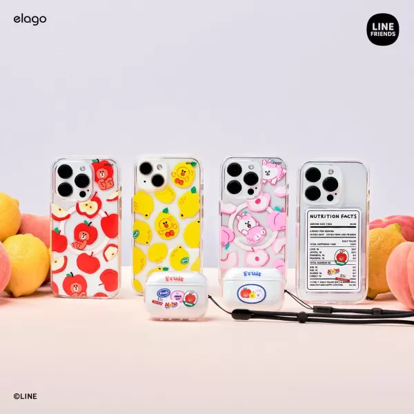 elago l LINE Friends Fruit Shop Case Compatible with iPhone 15 Pro 61 inch Durable Full Body Protection Raised Lip Screen amp Camera Protection Official Merchandise LemonPeach