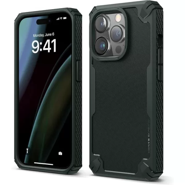 elago Armor Compatible with iPhone 14 Pro Case 61 Inch  US Military Grade Drop Protection HeavyDuty Protective Case Carbon Fiber Texture Tough Rugged Design Shockproof Bumper Cover BlackDark Green