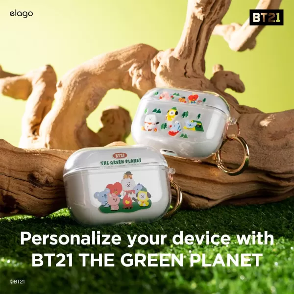 elago l BT21 Green Planet Case Compatible with Apple AirPods Pro Durable TPU Material Reduced Yellowing Clear Protection Supports Wireless Charging Official Merchandise ForestCamping