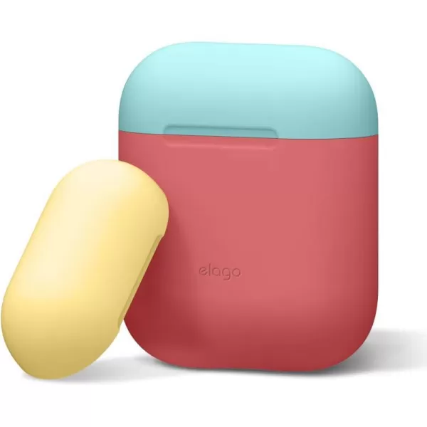 elago Duo Silicone Case Compatible with Apple AirPods Case 1 amp 2 Premium Protective Silicone Supports Wireless Charging 2 Caps  1 Body  Italian Rose Coral Blue  Night Glow White BodyItalian Rose  TopCoral Blue Yellow