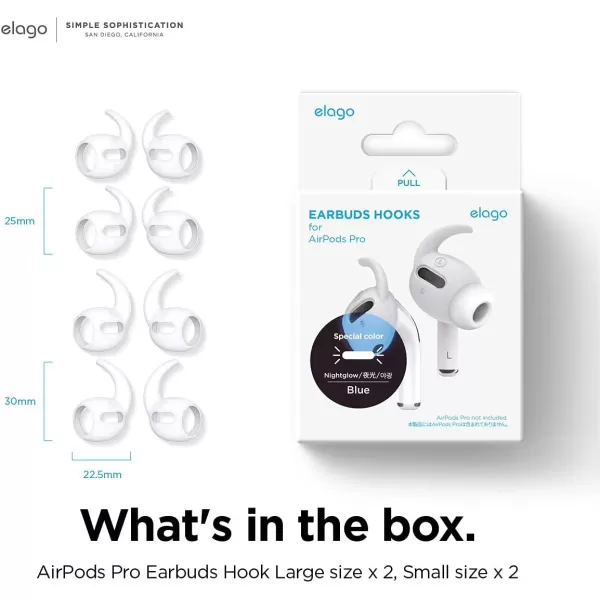 elago 4 Pairs AirPods Pro Ear Hooks Covers  Comfortable and Secure Fit Improved Sound Quality Precise Cutout Design Accessories Compatible with AirPods Pro US Patent Registered WhiteNightglow Blue