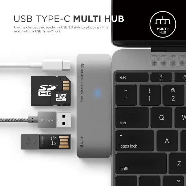 elago Aluminum Charging Multi Hub USBC  Power DeliveryCharging Multi Hub5 Slots Data Transfer  for AllNew MacBook and Pro All USBC Devices BlackSpace Grey