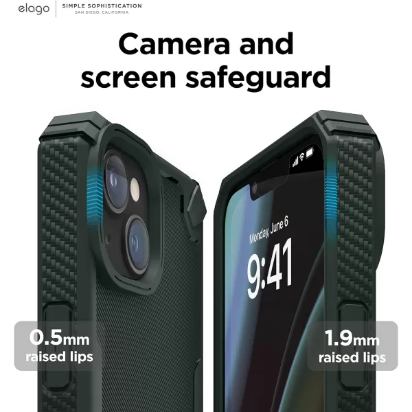 elago Armor Compatible with iPhone 14 Case 61 Inch  US Military Grade Drop Protection HeavyDuty Protective Case Carbon Fiber Texture Tough Rugged Design Shockproof Bumper Cover SandDark Green