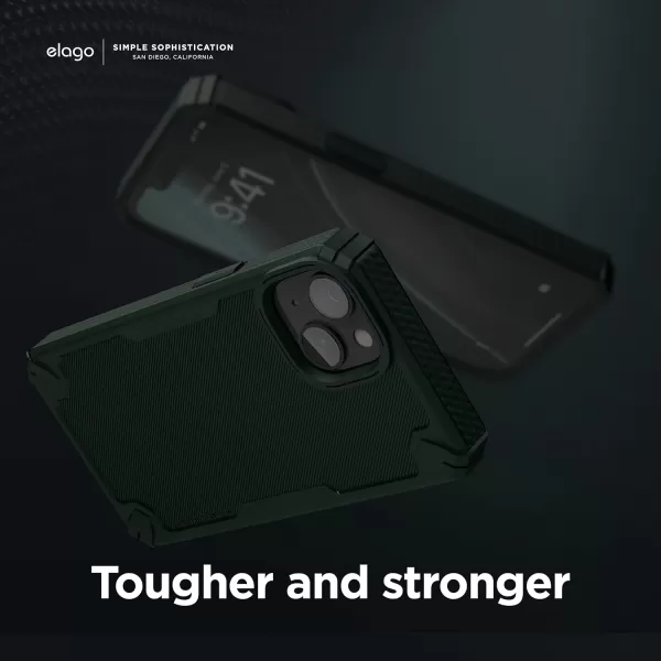 elago Armor Compatible with iPhone 14 Case 61 Inch  US Military Grade Drop Protection HeavyDuty Protective Case Carbon Fiber Texture Tough Rugged Design Shockproof Bumper Cover SandDark Green