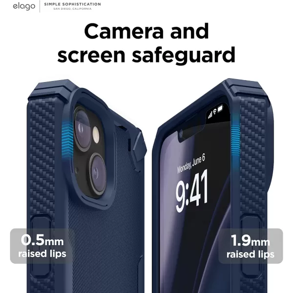 elago Armor Compatible with iPhone 14 Case 61 Inch  US Military Grade Drop Protection HeavyDuty Protective Case Carbon Fiber Texture Tough Rugged Design Shockproof Bumper Cover SandJean Indigo