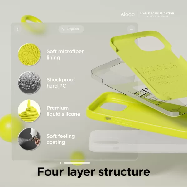 elago Compatible with iPhone 15 Case Liquid Silicone Case Full Body Protective Cover Shockproof Slim Phone Case AntiScratch Soft Microfiber Lining 61 inch Alpine GreenNeon Yellow