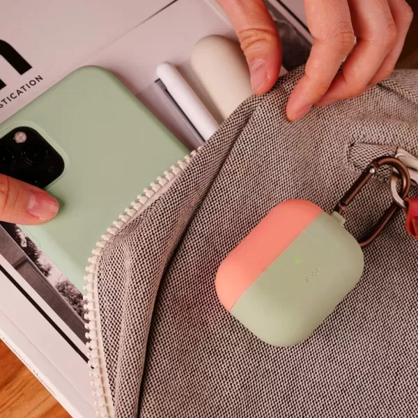 elago Duo AirPods Pro Case with Keychain Designed for Apple AirPods Pro Case Cover 2 Caps  1 Body Front LED Visible  Classic White Peach  Pastel Green Classic White Peach  Pastel Green