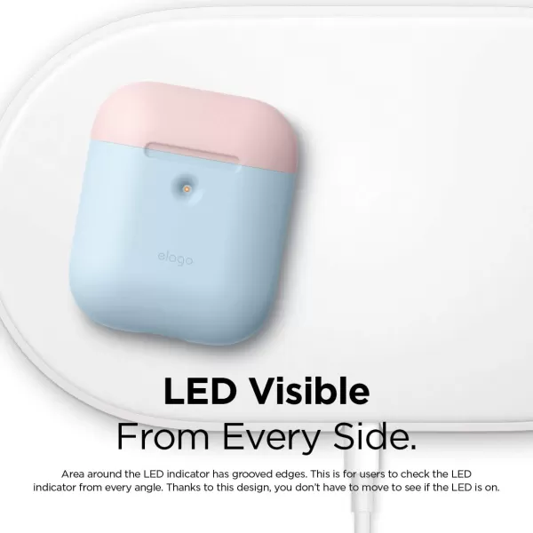 elago Duo Case Compatible with Apple AirPods 2 Wireless Charging Case Front LED Visible AntiSlip Coating Inside BodyJean IndigoTopPeach Medium GreyBodyPastel Blue  TopPink White