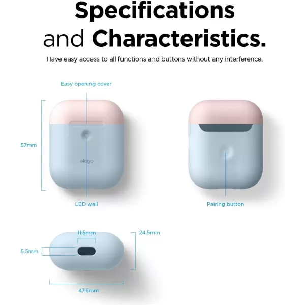 elago Duo Case Compatible with Apple AirPods 2 Wireless Charging Case Front LED Visible AntiSlip Coating Inside BodyJean IndigoTopPeach Medium GreyBodyPastel Blue  TopPink White