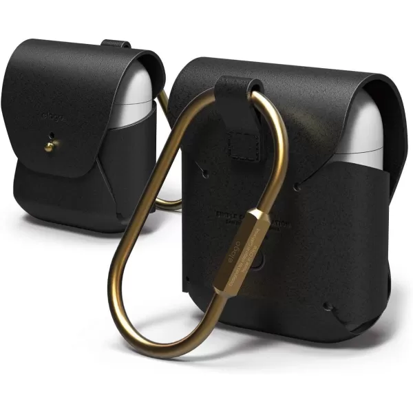 elago Genuine Leather Case Compatible with AirPods 1 Case and Compatible with AirPods 2 Case Natural Cowhide Leather Case with Brass Ring Holder Supports Wireless Charging BlackBlack