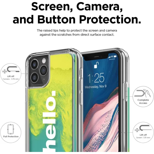 elago Sand Case Compatible with iPhone 11 Pro  Waterfall Effect Liquid Neon Sand CameraDrop Protection Fully Covered Fit Tested Hello  Neon Yellow Nightglow Green  Coral BlueHELLO