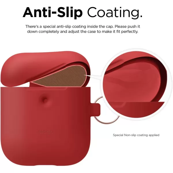 elago Silicone Case with Keychain Compatible with Apple AirPods 2 Wireless Charging Case Front LED Visible AntiSlip Coating Inside Premium Silicone RedRed