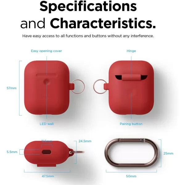 elago Silicone Case with Keychain Compatible with Apple AirPods 2 Wireless Charging Case Front LED Visible AntiSlip Coating Inside Premium Silicone RedRed