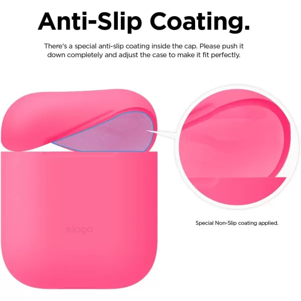 elago Skinny Case Compatible with AirPods 1 and Compatible with AirPods 2 Front LED Visible Supports Wireless Charging AntiSlip Coating Inside PeachNeon Hot Pink