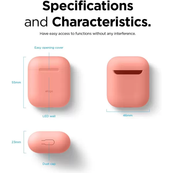 elago Skinny Case Compatible with AirPods 1 and Compatible with AirPods 2 Front LED Visible Supports Wireless Charging AntiSlip Coating Inside PeachPeach