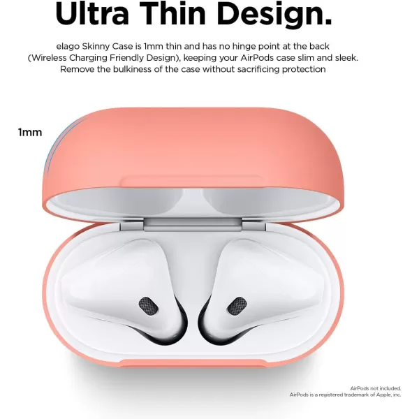 elago Skinny Case Compatible with AirPods 1 and Compatible with AirPods 2 Front LED Visible Supports Wireless Charging AntiSlip Coating Inside PeachPeach