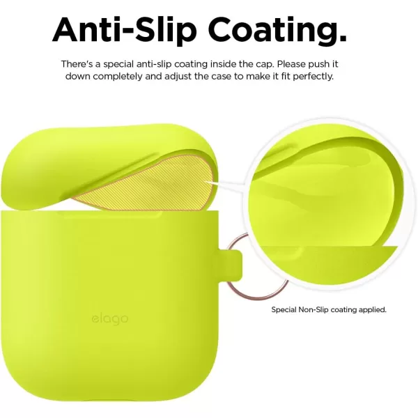 elago Skinny Hang Case Compatible with Apple AirPods Case1 amp 2 Hinge Free Design Supports Wireless Charging AntiSlip Coating Inside Front LED Visible Jean IndigoNeon Yellow