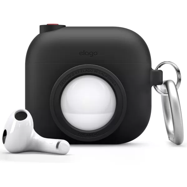 elago Snapshot Compatible with AirPod Case with AirTag Holder AirPods 3  Cute Camera Design with Keychain Durable Silicone Supports Wireless Charging  Tracking Device Not IncludedBlack