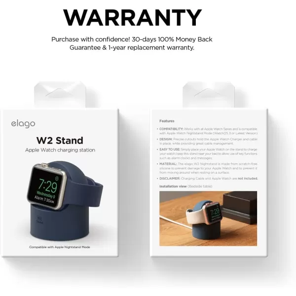 elago W2 Charger Stand Compatible with Apple Watch Series Ultra2Ultra9876SE54321SE 49mm 45mm 44mm 42mm 41mm 40mm 38mm Durable Silicone Compatible with Nightstand ModeJean Indigo