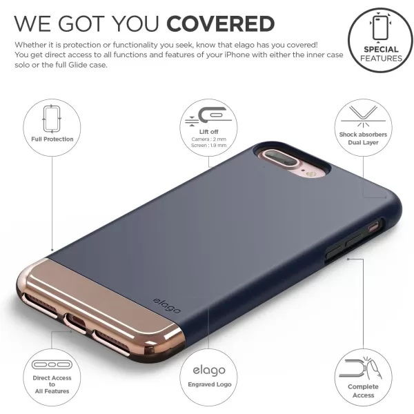 elago iPhone 7 Plus Case GlideBlackChampagne Gold  MultiOption CaseMilitary Drop Test Certified  for iPhone 7 Plus Included Tempered Glass Screen ProtectorJean Indigo  Chrome Rose Gold