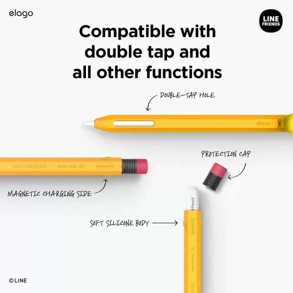 elago l LINE Friends minini Pencil Case Compatible with Apple Pencil 2nd Generation Durable Silicone Cover Compatible with Magnetic Charging and Double Tap Official Merchandise SELINISELINI