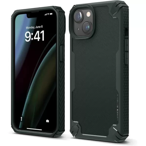 elago Armor Compatible with iPhone 14 Case 61 Inch  US Military Grade Drop Protection HeavyDuty Protective Case Carbon Fiber Texture Tough Rugged Design Shockproof Bumper Cover SandDark Green