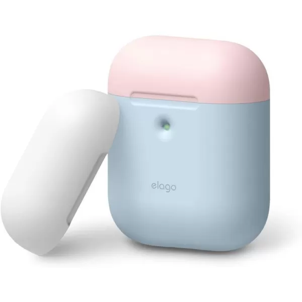 elago Duo Case Compatible with Apple AirPods 2 Wireless Charging Case Front LED Visible AntiSlip Coating Inside BodyJean IndigoTopPeach Medium GreyBodyPastel Blue  TopPink White