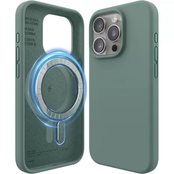 elago Magnetic Silicone Case Compatible with iPhone 15 Pro Max Case 67 Inch Compatible with All MagSafe Accessories  Builtin Magnets Soft Grip Silicone Shockproof StoneiPhone 15 Pro Midnight Green