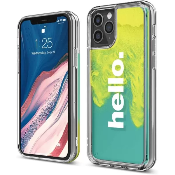 elago Sand Case Compatible with iPhone 11 Pro  Waterfall Effect Liquid Neon Sand CameraDrop Protection Fully Covered Fit Tested Hello  Neon Yellow Nightglow Green  Coral BlueHELLO