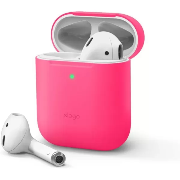 elago Skinny Case Compatible with AirPods 1 and Compatible with AirPods 2 Front LED Visible Supports Wireless Charging AntiSlip Coating Inside PeachNeon Hot Pink