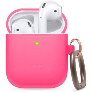 imageelago Silicone Case with Keychain Compatible with Apple AirPods Case 1 ampamp 2 Front LED Visible Supports Wireless Charging Protective Silicone PeachNeon Hot Pink