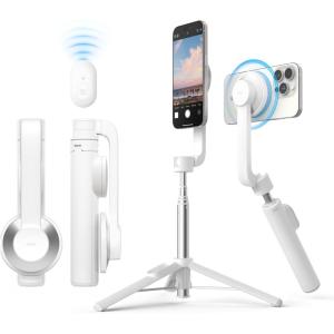 imageelago Magnetic Selfie Stick Tripod Compatible with MagSafe for iPhone and Galaxy Strong Magnetism Portable Lightweight Extendable Pouch Bluetooth Remote Guide Sticker Included Light BlueWhite