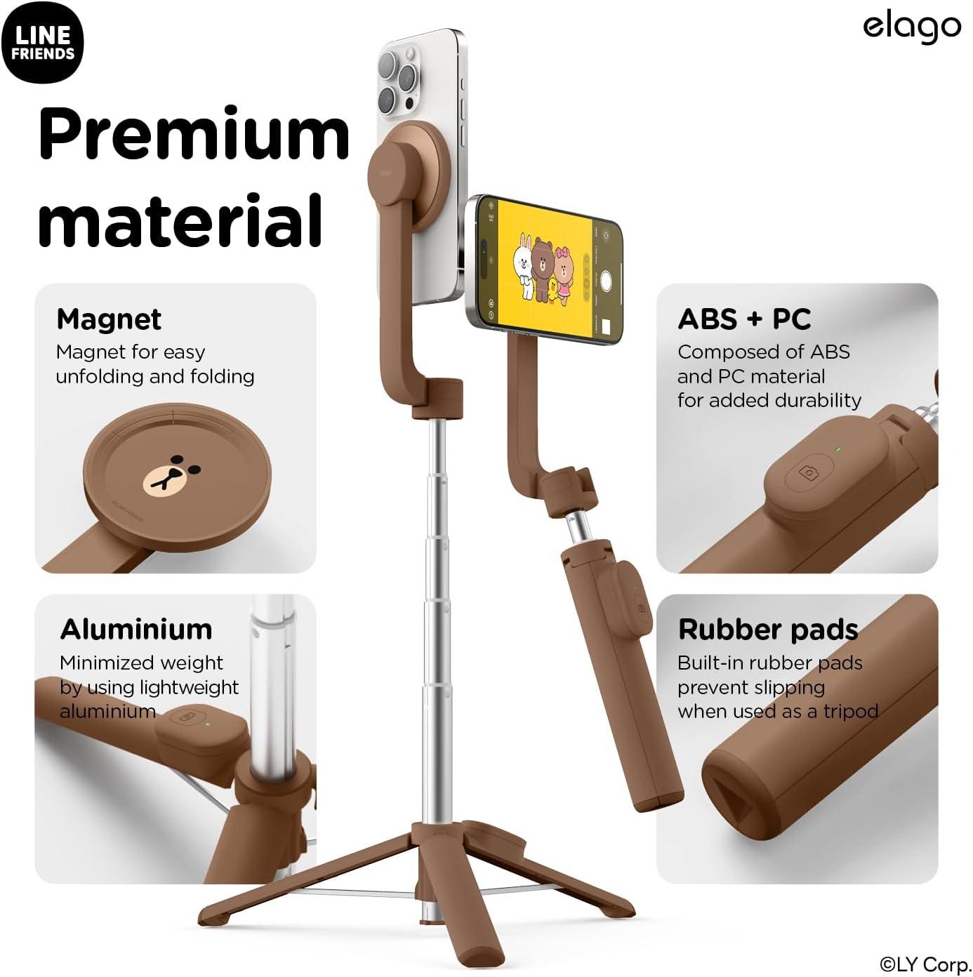 imageelago  LINE FRIENDS Brown Magnetic Selfie Stick Tripod Compatible with MagSafe for iPhone and Galaxy Strong Magnetism Portable Lightweight Extendable Pouch Remote Guide Official Merchandise