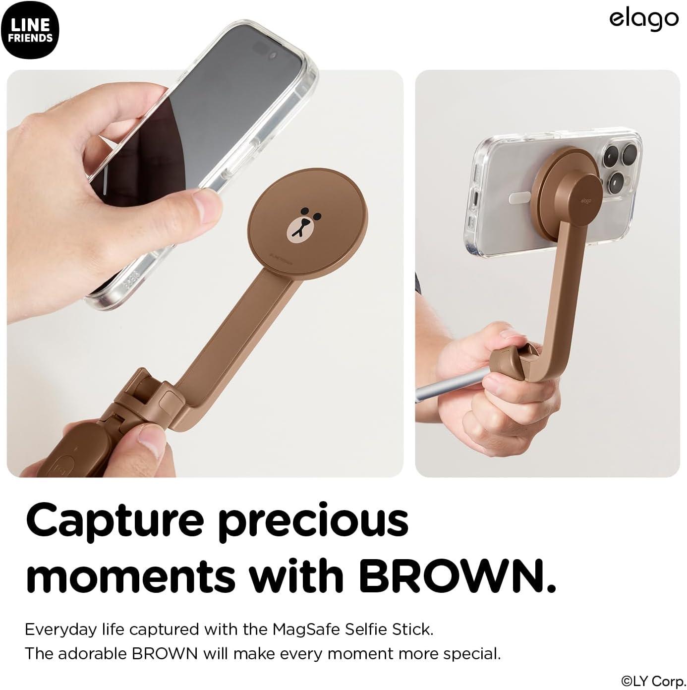 imageelago  LINE FRIENDS Brown Magnetic Selfie Stick Tripod Compatible with MagSafe for iPhone and Galaxy Strong Magnetism Portable Lightweight Extendable Pouch Remote Guide Official Merchandise