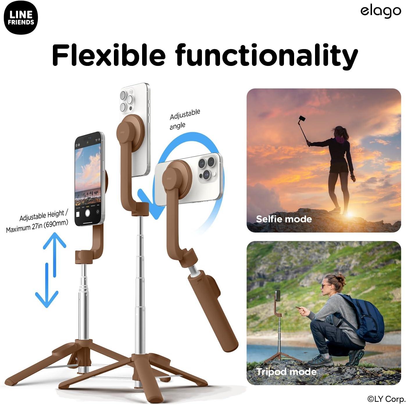 imageelago  LINE FRIENDS Brown Magnetic Selfie Stick Tripod Compatible with MagSafe for iPhone and Galaxy Strong Magnetism Portable Lightweight Extendable Pouch Remote Guide Official Merchandise