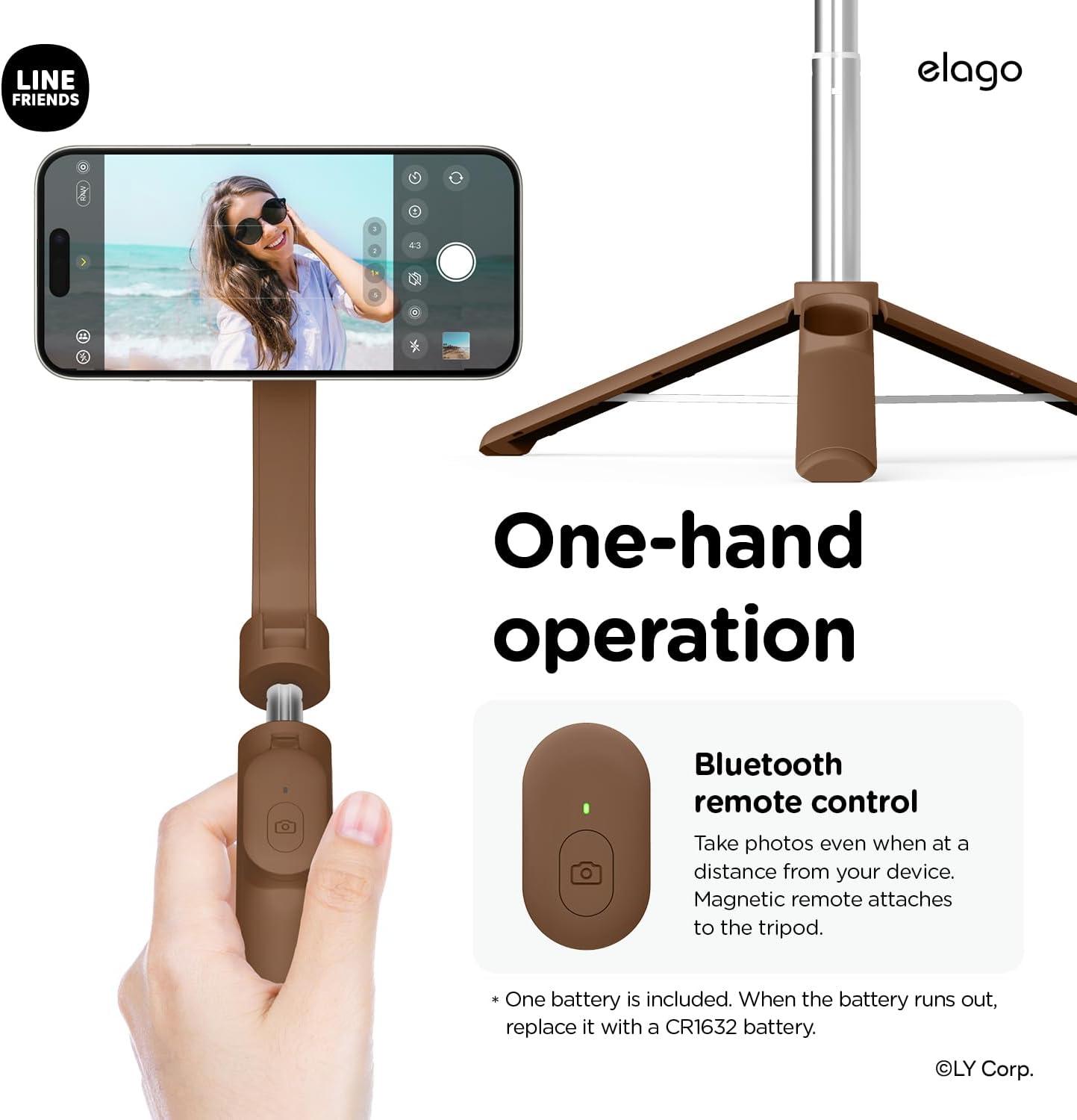 imageelago  LINE FRIENDS Brown Magnetic Selfie Stick Tripod Compatible with MagSafe for iPhone and Galaxy Strong Magnetism Portable Lightweight Extendable Pouch Remote Guide Official Merchandise