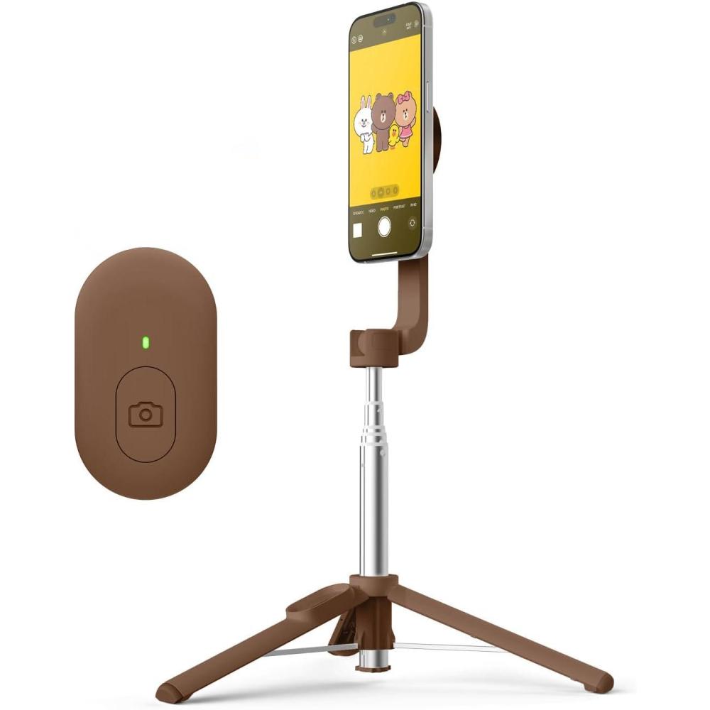 imageelago  LINE FRIENDS Brown Magnetic Selfie Stick Tripod Compatible with MagSafe for iPhone and Galaxy Strong Magnetism Portable Lightweight Extendable Pouch Remote Guide Official Merchandise