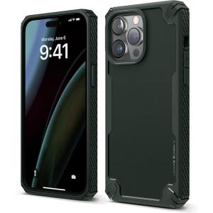 imageElago Armor iPhone 14 Pro Max 67quot Case  Military Grade Drop Protection HeavyDuty Carbon Fiber Texture Shockproof Bumper BlackDark Green